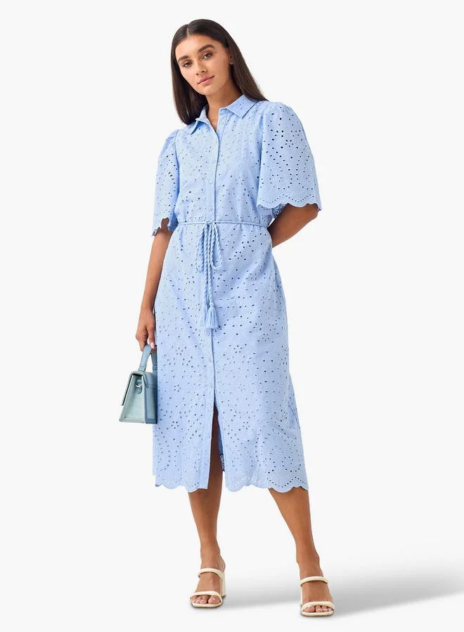 2Xtremz 2Xtremz Schiffili Embroidered Women Shirt Dress with Tie-Up Belt Cotton